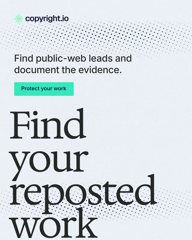 Instagram portrait post for copyright.io: "Find your reposted work." Swiss style, oversized layout, light palette in white, grey.