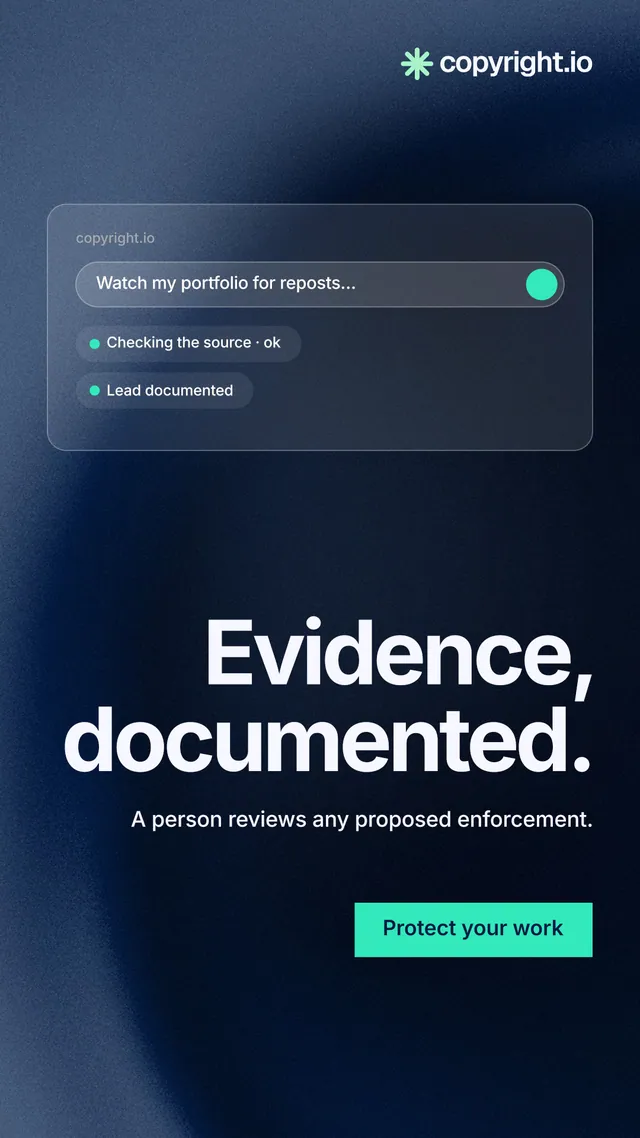 Instagram story for copyright.io: "Evidence, documented." Swiss style, right layout, dark palette in blue, black.