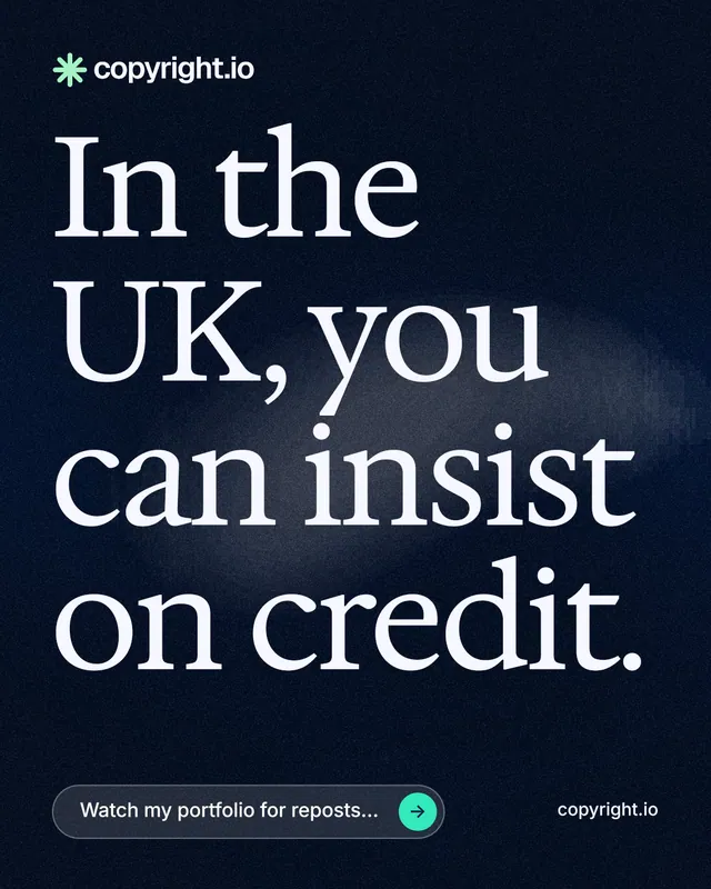 Instagram portrait post for copyright.io: "In the UK, you can insist on credit." Thermal style, poster layout, dark palette in black, blue, grey.