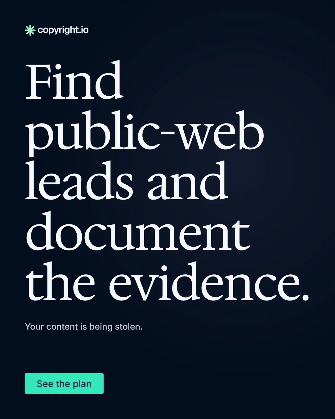 Video for copyright.io: "Find public-web leads and document the evidence.". Doc motion loop, 7.0 s, dark palette.