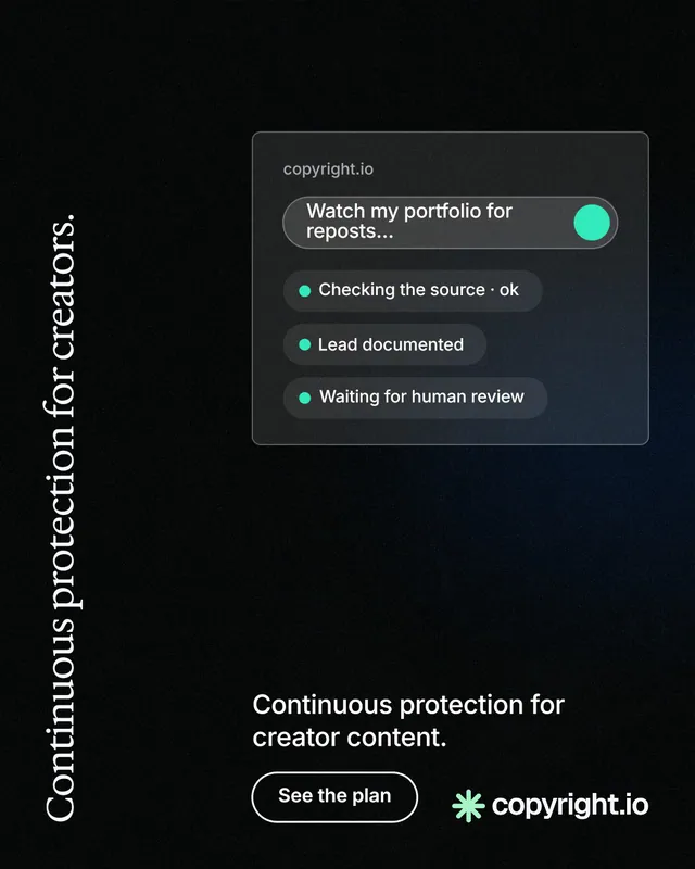 Instagram portrait post for copyright.io: "Continuous protection for creators." Phosphor atlas style, vertical layout, dark palette in black.