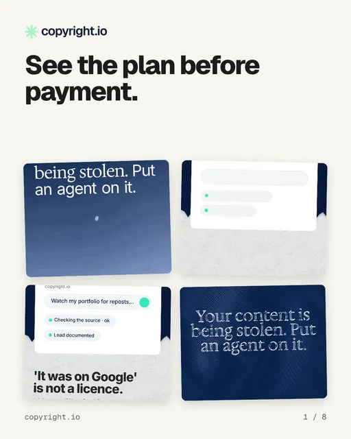 Carousel for copyright.io: "See the plan before payment.". Collection carousel, 8 slides, light palette.