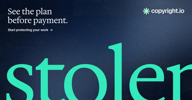 Social ad for copyright.io: "See the plan before payment." Agentic glass style, ogword layout, dark palette in blue, black, teal.