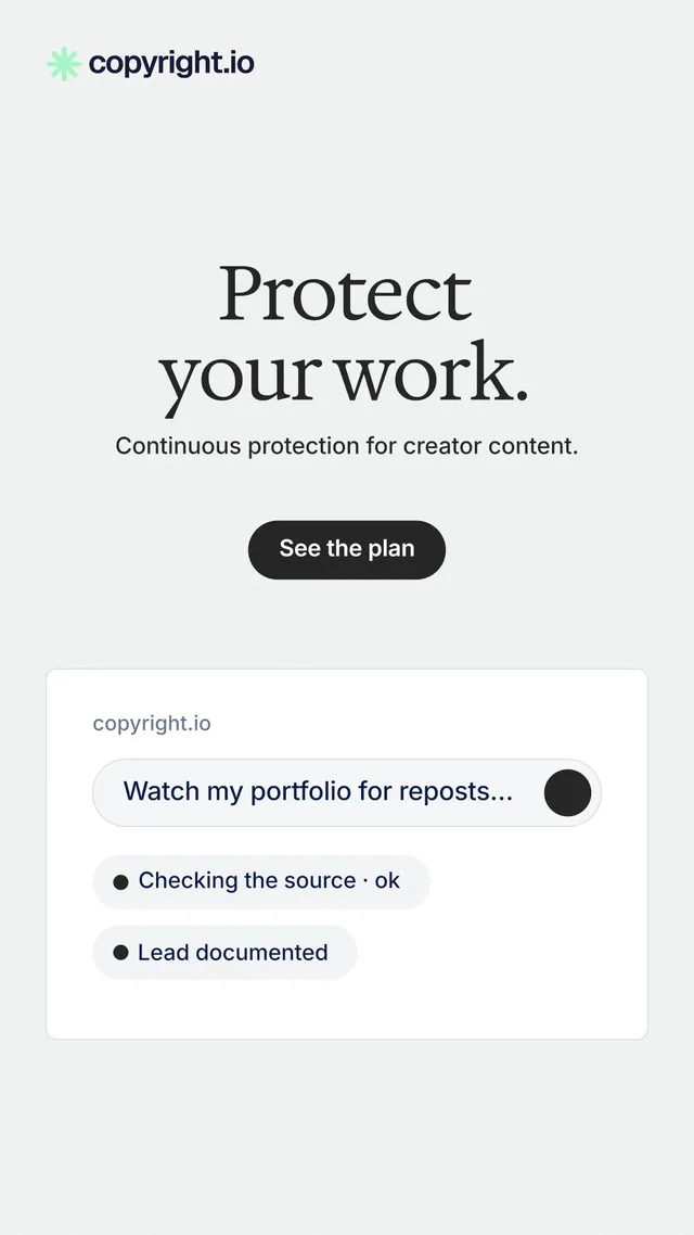 Instagram story for copyright.io: "Protect your work." Data card style, centred layout, light palette in white.