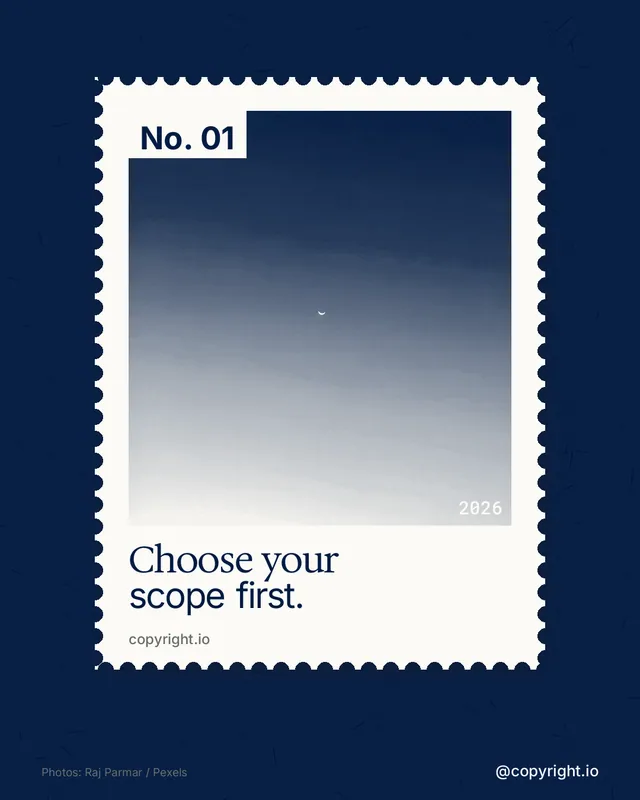 Instagram portrait post for copyright.io: "Choose your scope first." Single style, technique:stamp series layout, dark palette in blue, white, grey.