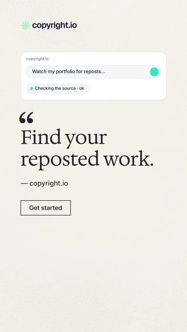 Instagram story for copyright.io: "Find your reposted work." Editorial style, quote layout, light palette in white.