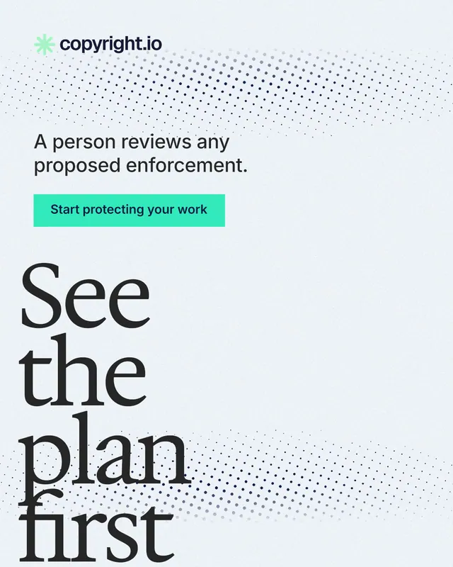 Instagram portrait post for copyright.io: "See the plan first." Swiss style, oversized layout, light palette in white, grey.