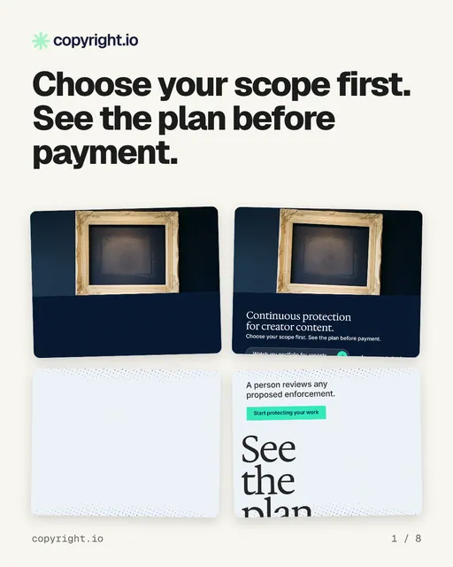 Carousel for copyright.io: "Choose your scope first. See the plan before payment.". Collection carousel, 8 slides, light palette.