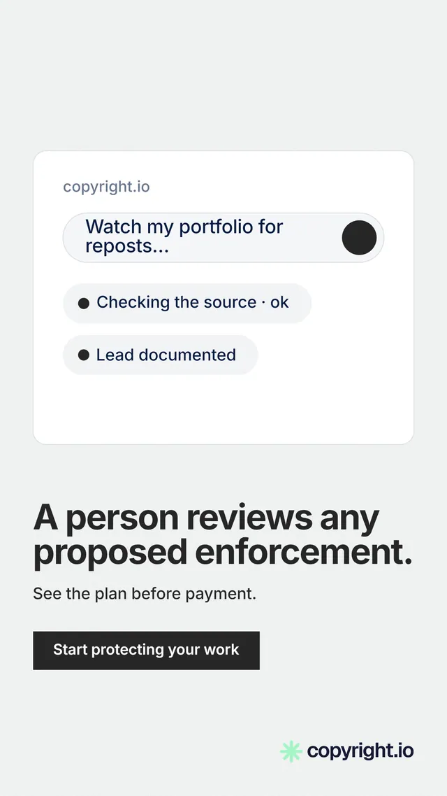 Instagram story for copyright.io: "A person reviews any proposed enforcement." Swiss style, bottom layout, light palette in white, grey.