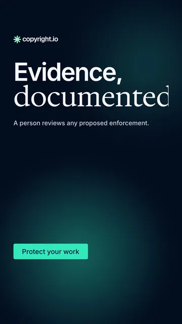 Video for copyright.io: "Evidence, documented.". Doc motion loop, 7.0 s, dark palette.