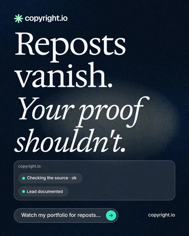 Instagram portrait post for copyright.io: "Reposts vanish. Your proof shouldn't." Thermal style, poster layout, dark palette in blue, black, grey.