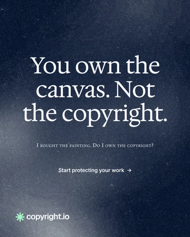Instagram portrait post for copyright.io: "You own the canvas. Not the copyright." Cyanotype style, smallcaps layout, dark palette in grey, blue.