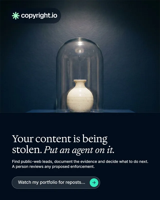 Instagram portrait post for copyright.io: "Your content is being stolen. Put an agent on it." Agentic glass style, bottom layout, dark palette in blue, black, grey.