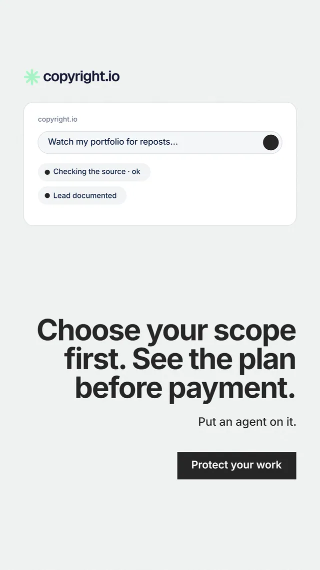 Instagram story for copyright.io: "Choose your scope first. See the plan before payment." Swiss style, right layout, light palette in white, grey.