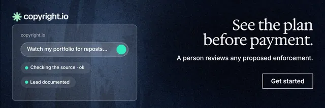 X header for copyright.io: "See the plan before payment." Dark deco style, right layout, dark palette in blue, grey, black.