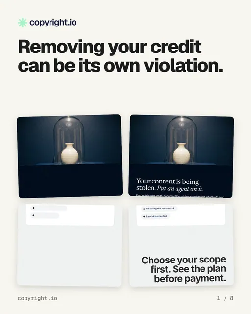 Carousel for copyright.io: "Removing your credit can be its own violation.". Collection carousel, 8 slides, light palette.