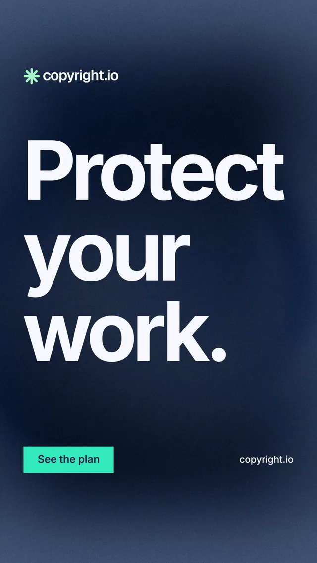 Instagram story for copyright.io: "Protect your work." Swiss style, poster layout, dark palette in blue, black, grey.