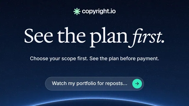 Landscape graphic for copyright.io: "See the plan first." Agentic glass style, centred layout, dark palette in black, blue.
