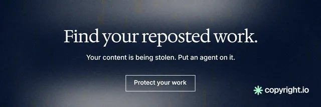 X header for copyright.io: "Find your reposted work." Cyanotype style, centred layout, dark palette in grey, blue, black.