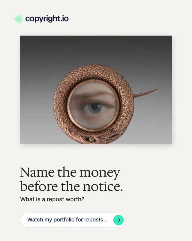 Instagram portrait post for copyright.io: "Name the money before the notice." Agentic glass style, bottom layout, light palette in white, grey.