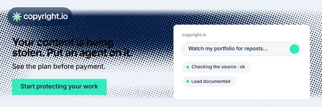 X header for copyright.io: "Your content is being stolen. Put an agent on it." Swiss style, bottom layout, light palette in white, blue, teal.