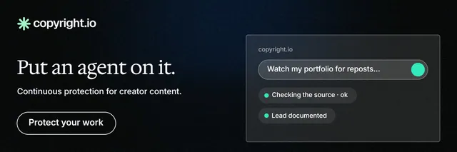 X header for copyright.io: "Put an agent on it." Phosphor atlas style, bottom layout, dark palette in black, grey.