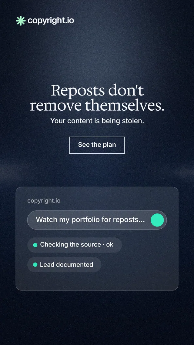 Instagram story for copyright.io: "Reposts don't remove themselves." Dark deco style, centred layout, dark palette in blue, black, grey.
