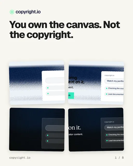 Carousel for copyright.io: "You own the canvas. Not the copyright.". Collection carousel, 8 slides, light palette.