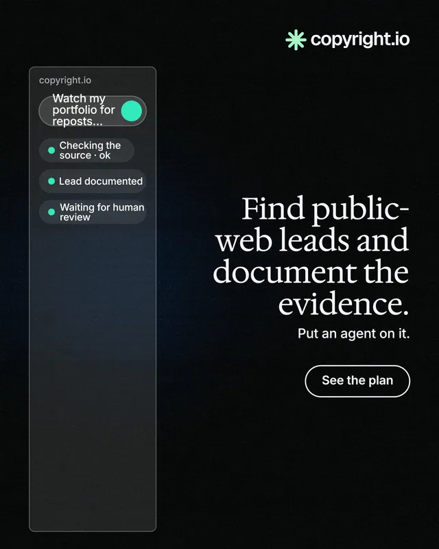 Instagram portrait post for copyright.io: "Find public-web leads and document the evidence." Phosphor atlas style, right layout, dark palette in black.