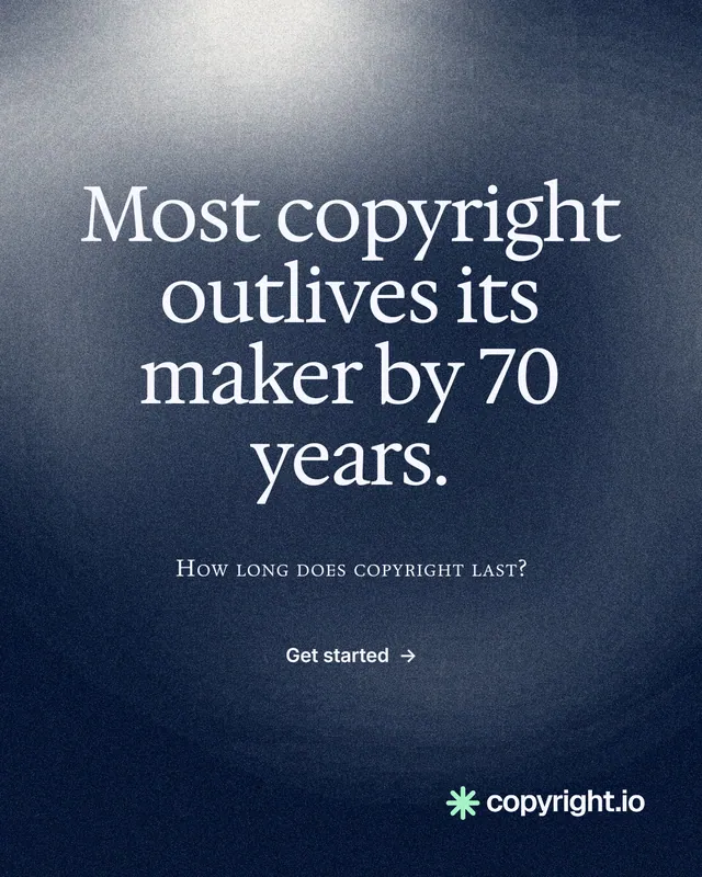 Instagram portrait post for copyright.io: "Most copyright outlives its maker by 70 years." Cyanotype style, smallcaps layout, dark palette in blue, grey.