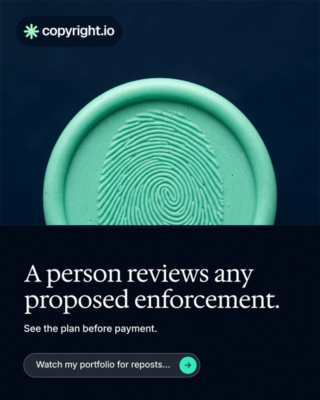 Instagram portrait post for copyright.io: "A person reviews any proposed enforcement." Agentic glass style, bottom layout, dark palette in black, teal, blue.