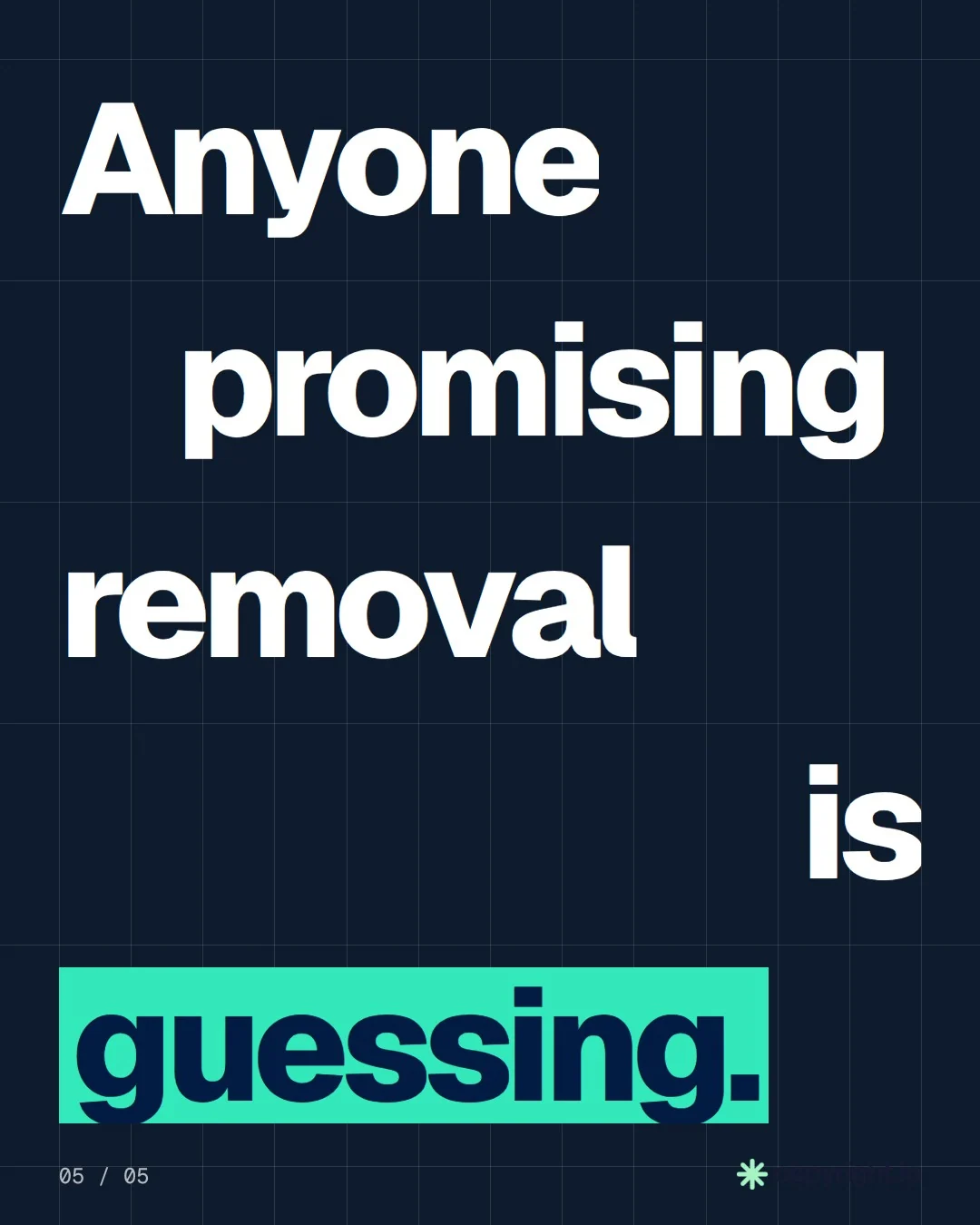 Video for copyright.io: "Anyone promising removal is guessing.". Kinetic type grid, 6.0 s, dark palette.