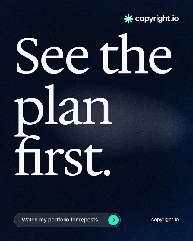 Instagram portrait post for copyright.io: "See the plan first." Thermal style, poster layout, dark palette in black, grey.
