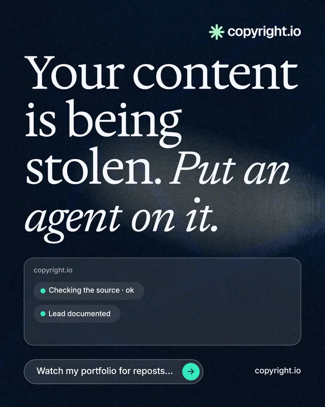 Instagram portrait post for copyright.io: "Your content is being stolen. Put an agent on it." Thermal style, poster layout, dark palette in blue, black, grey.