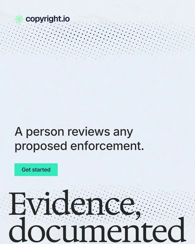 Instagram portrait post for copyright.io: "Evidence, documented." Swiss style, oversized layout, light palette in white, blue, grey.