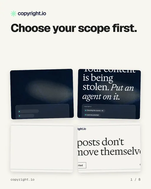 Carousel for copyright.io: "Choose your scope first.". Collection carousel, 8 slides, light palette.