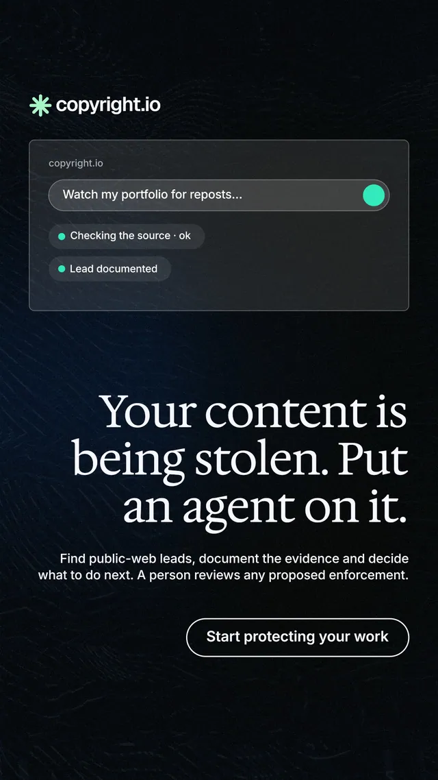 Instagram story for copyright.io: "Your content is being stolen. Put an agent on it." Phosphor atlas style, right layout, dark palette in black, grey.