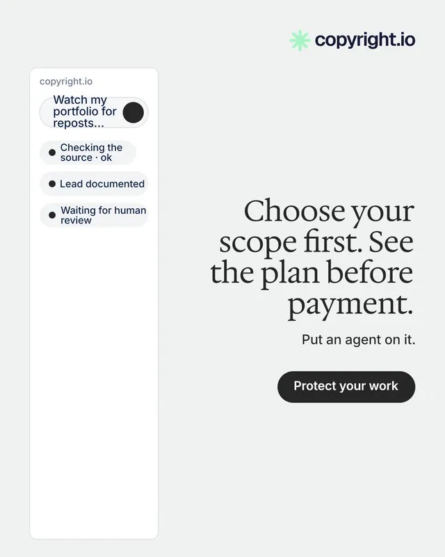 Instagram portrait post for copyright.io: "Choose your scope first. See the plan before payment." Data card style, right layout, light palette in white.