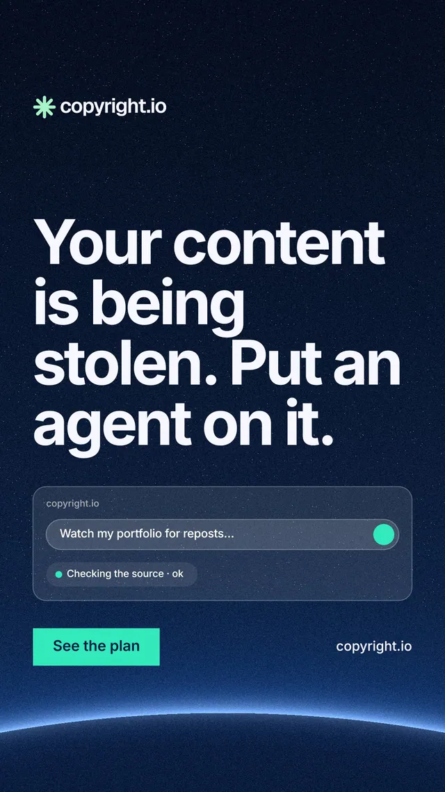 Instagram story for copyright.io: "Your content is being stolen. Put an agent on it." Swiss style, poster layout, dark palette in blue, black.