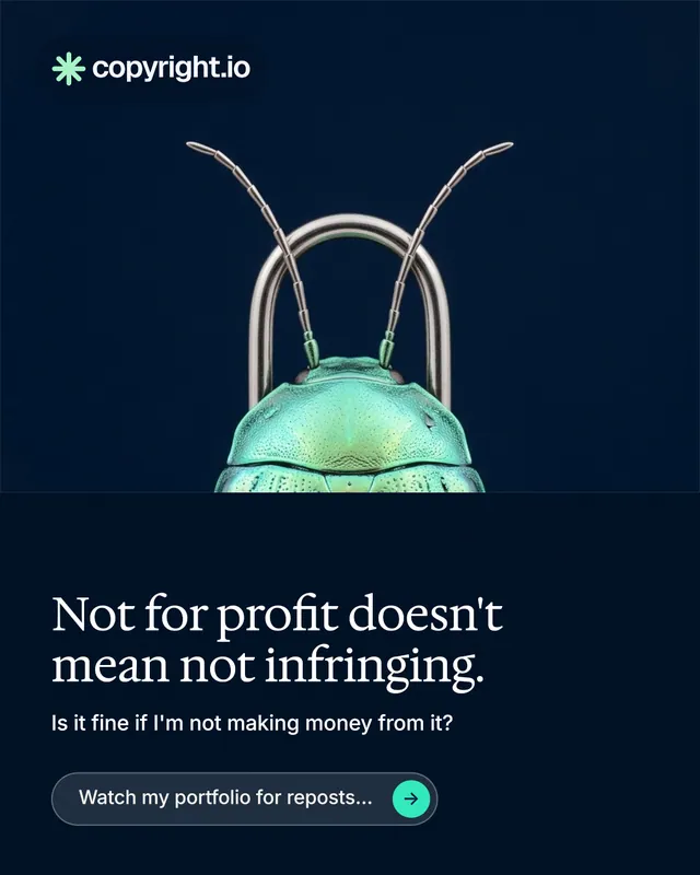 Instagram portrait post for copyright.io: "Not for profit doesn't mean not infringing." Agentic glass style, bottom layout, dark palette in black, blue.