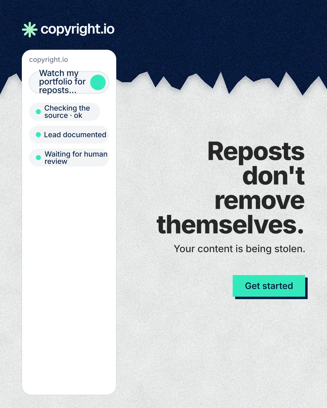 Instagram portrait post for copyright.io: "Reposts don't remove themselves." Paper trio style, right layout, light palette in white, blue.