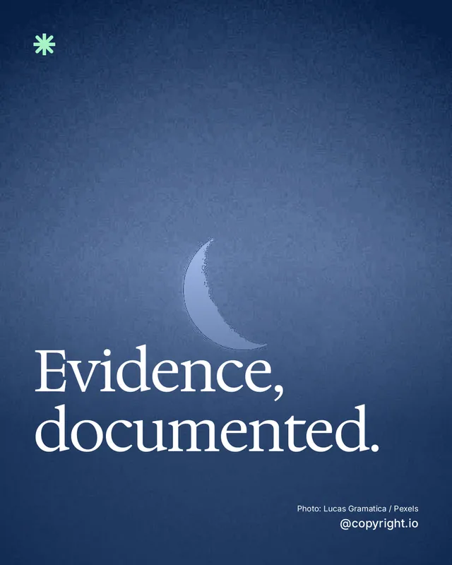 Instagram portrait post for copyright.io: "Evidence, documented." Duotone style, technique:pexels ingredient layout, dark palette in blue.