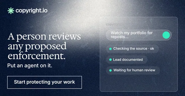 Social ad for copyright.io: "A person reviews any proposed enforcement." Cyanotype style, bottom layout, dark palette in blue, grey, white.