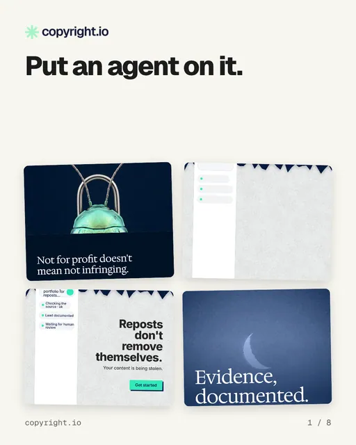 Carousel for copyright.io: "Put an agent on it.". Collection carousel, 8 slides, light palette.