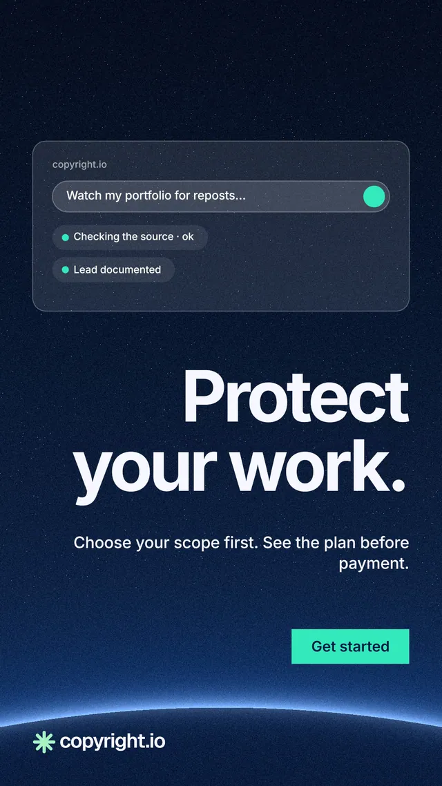 Instagram story for copyright.io: "Protect your work." Swiss style, right layout, dark palette in blue, black.