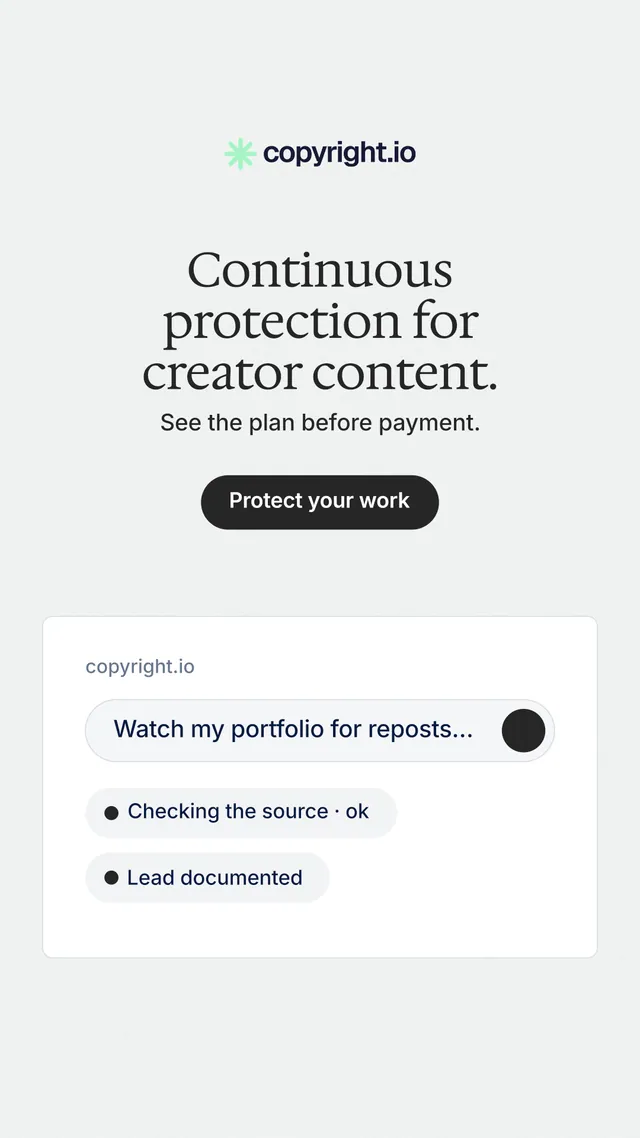 Instagram story for copyright.io: "Continuous protection for creator content." Data card style, centred layout, light palette in white.