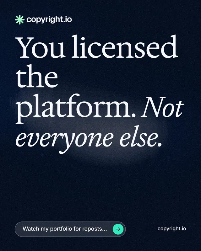 Instagram portrait post for copyright.io: "You licensed the platform. Not everyone else." Thermal style, poster layout, dark palette in black, grey.