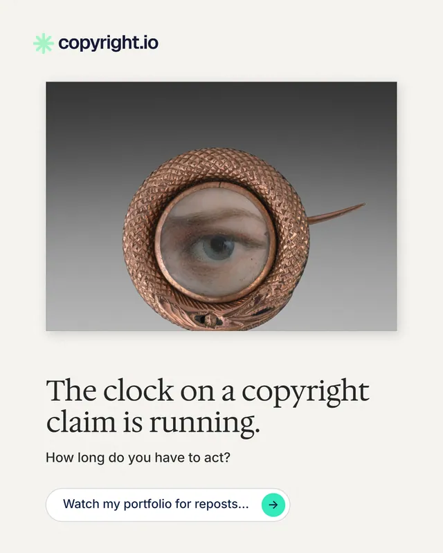 Instagram portrait post for copyright.io: "The clock on a copyright claim is running." Agentic glass style, bottom layout, light palette in white, grey.