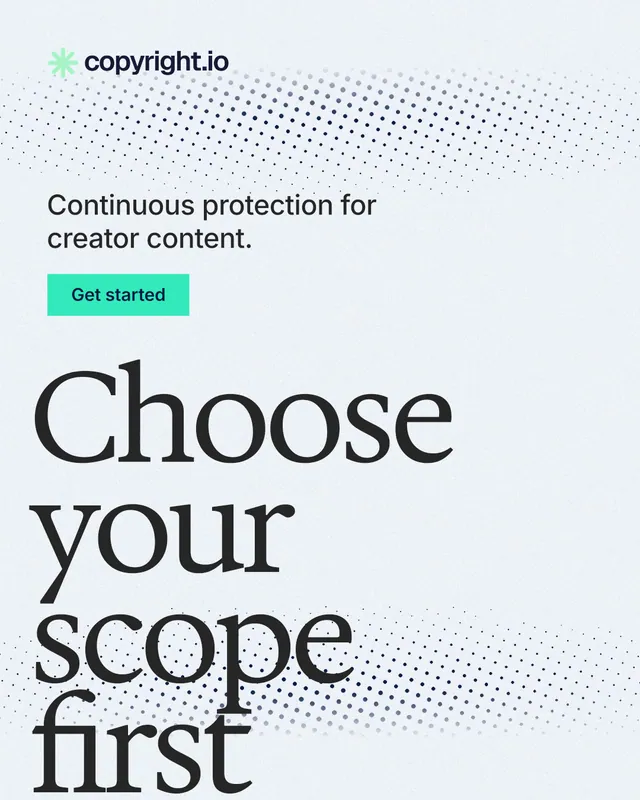 Instagram portrait post for copyright.io: "Choose your scope first." Swiss style, oversized layout, light palette in white, grey.