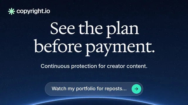 Landscape graphic for copyright.io: "See the plan before payment." Agentic glass style, centred layout, dark palette in blue, black.